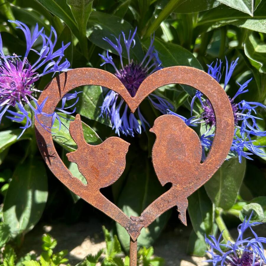 Décoration de jardin en métal - Cœur aux deux oiseaux